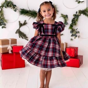 Bums & Roses Puff Sleeve Plaid + Tulle Dress